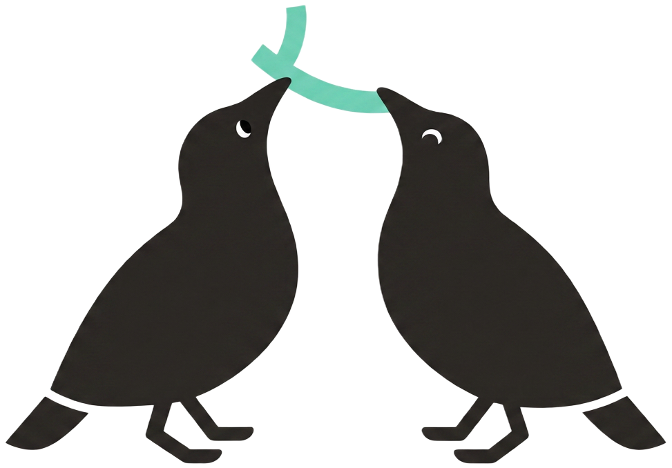 Two birds facing each other, holding a green leaf between their beaks