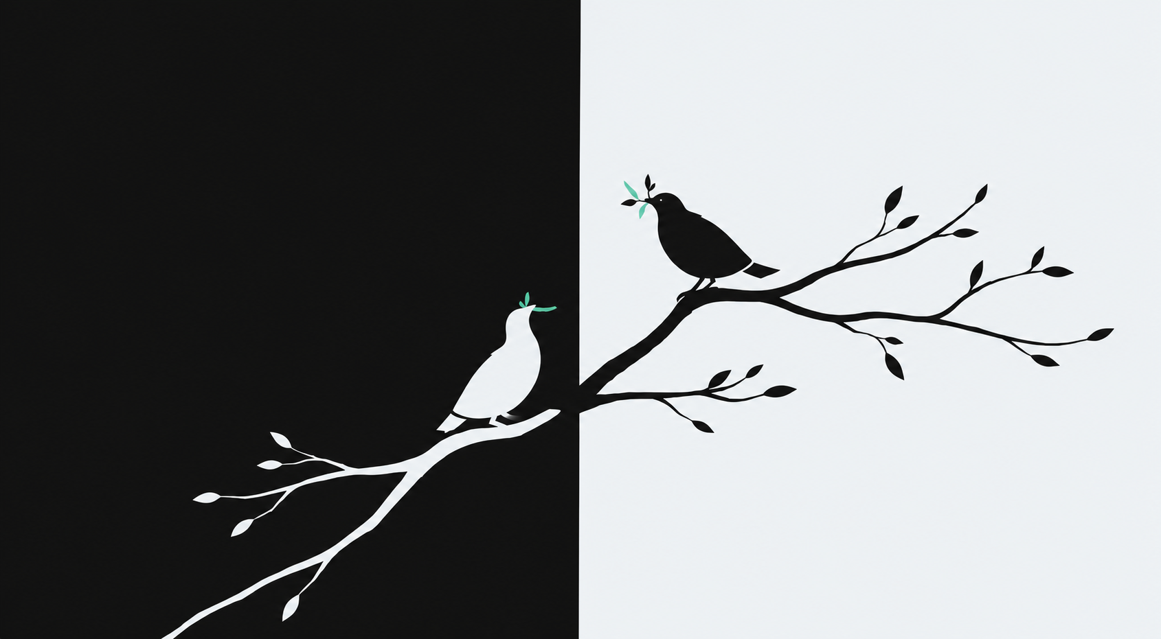 Two birds representing accountability partners supporting each other on a branch, one offering a green leaf across a split black-and-cream backdrop.
